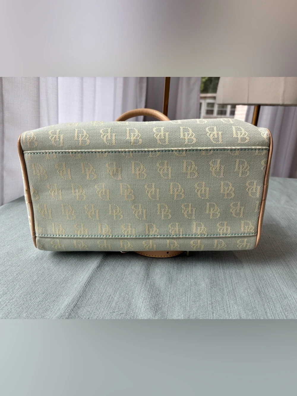 Vintage Dooney Bourke Light Blue Logo Satchel with Vacchetta Leather Trim Tassel